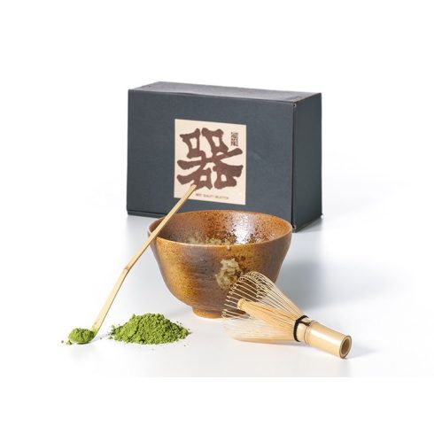 Tradicionális Matcha Tea készítő szett barna mázatlan tállal - Eredeti Japán